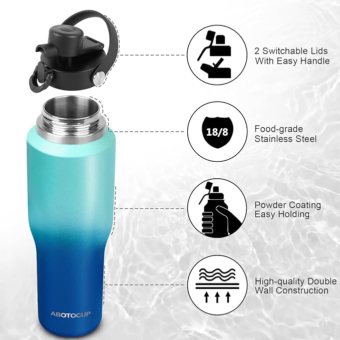 Insulated Water Bottle 32oz with Straw/Spout Lids, Stainless Steel Water Bottles Keep Cold 24h&Hot 12h, Metal Water Bottle with Straw that Fits in Cup Holder, Water Bottle Leak-proof,BPA Free - Bloomnest