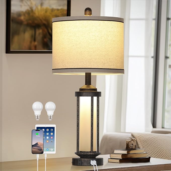 Farmhouse Table Lamp, 27" Vintage Rustic Retro Beside Lamp with USB A+C Charging Ports & AC Outlet, Industrial Modern Lamp with Glass LED Night Light for Living Room Bedrooms Nightstand 1 Pack - Bloomnest