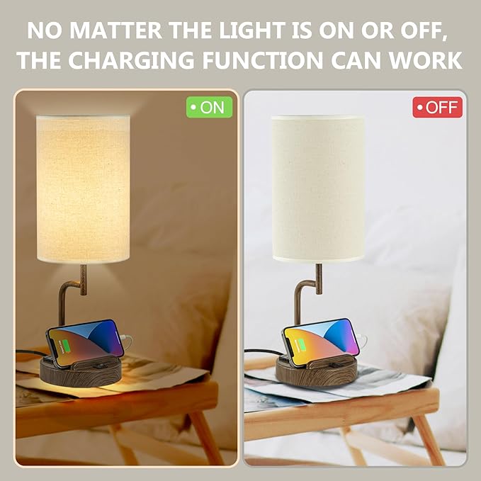 Dreamholder Table Lamp with 3 USB Charging Ports, Modern Desk Lamp with AC Outlet and Phone Stands, Perfect Bedside Lamp for Bedroom, Living Room, Office (Pack of 2), Walnut - Bloomnest