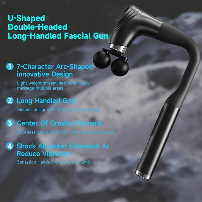 Double-Headed Elbow Massage Gun, Percussion Muscle Massager, Suitable For Sore Muscles In The Back, Shoulders, Waist And Legs, Detachable Extended Handle, 12-Speed Adjustable, 5 Heads Are Replaceable - Bloomnest