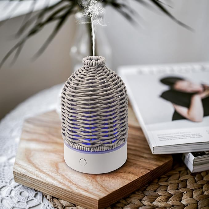 Essential Oil Diffuser - Multifunction Aromatherapy Diffuser 7 LED Color Changing Light 100ML Rattan Diffuser Easy to Clean Suitable for Home,Office (Grey) - Bloomnest