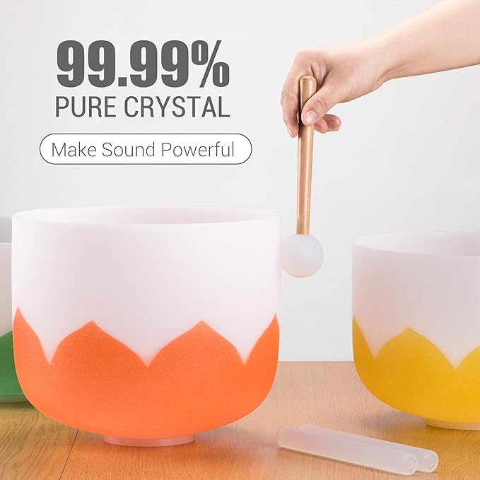 6-12 inch Lotus Design Colored Rim Chakra Tuned 432hz Set of 7 Quartz Crystal Singing Bowls with Heavy Duty Carrying Cases and Singing Bowl Mallet Suede Strikers