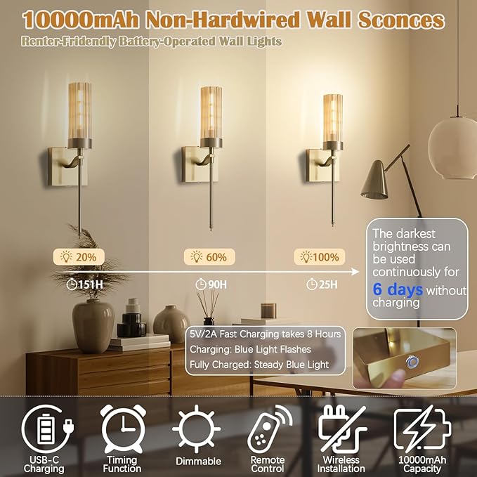 Battery Operated Wall Sconces Set of Two with Remote, Gold Rechargeable Wireless Wall Lights, Sconces Wall Decor Set of 2, Dimmable 2700K Battery Powered Sconce for Bedroom Living Room Hallway - Bloomnest