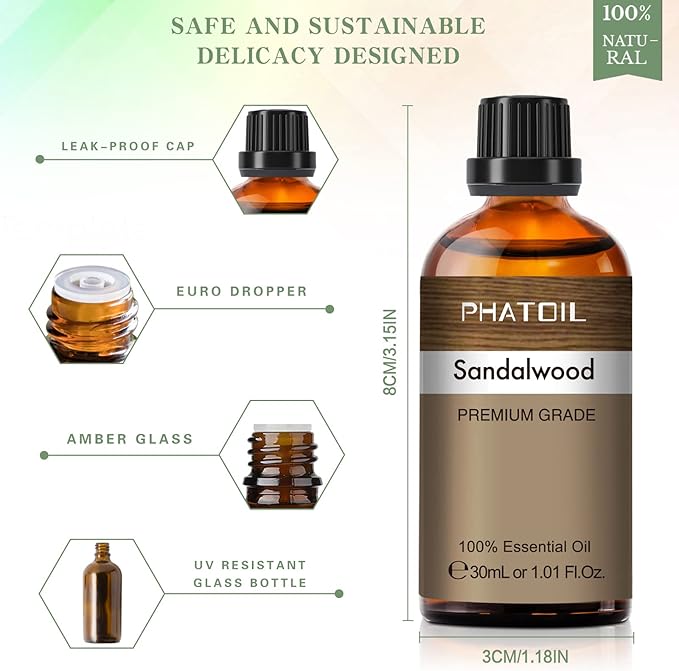 Sandalwood Essential Oil, 1.01Fl.Oz (30ML) PHATOIL Pure Essential Oil Singles for Aromatherapy Diffusers, Humidifiers, Great for DIY Candle and Soap Making, Gift for Friend - Bloomnest