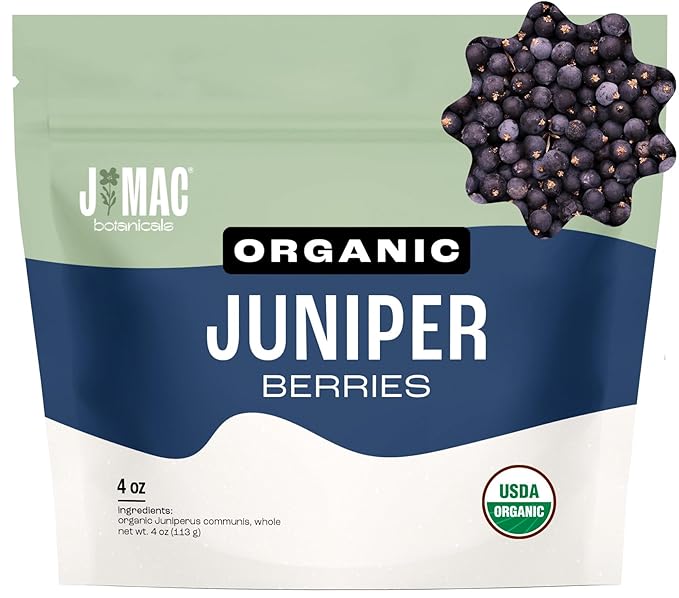 J MAC BOTANICALS, Organic Whole Juniper Berries, Certified Organic, juniper for herbal infusions, cooking and seasoning beef, pork, turkey brine, soups, syrups, cocktail bombs (4 oz) - Bloomnest