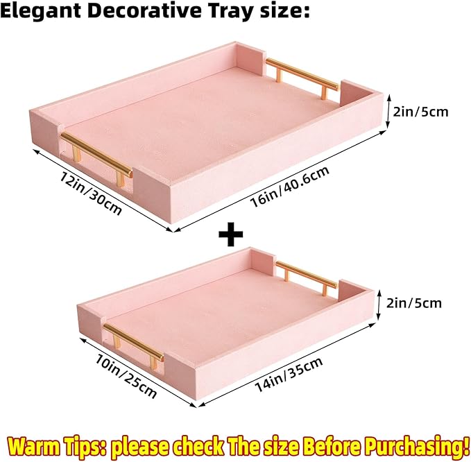 Modern Elegant Pink Faux Shagreen Leather Tray, Set of 2 Rectangle Serving Trays with Gold Polished Metal Handles, Ottoman Tray Coffee Table Perfume Kitchen Trays Home Decor - Bloomnest