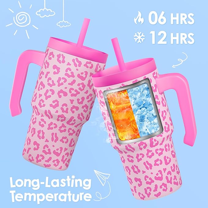 Leopard Print Kid 20oz Tumbler with Handle and Silicone Straw Lid, Insulated Stainless Steel Cup, Gift for Kids Girls, Gifts Idea for Birthday Christmas Back to School - Bloomnest