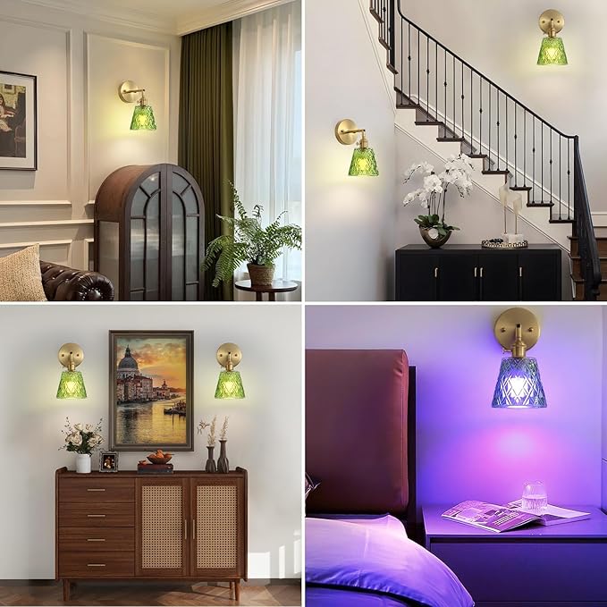 2 Pack Vintage Battery Operated Wall Sconces, Flower Green Lampshade & 180 Degree Adjustable, Wireless Rechargeable RGB Wall Light with Remote Control, for Bedroom Living Room Hallway Aisle - Bloomnest