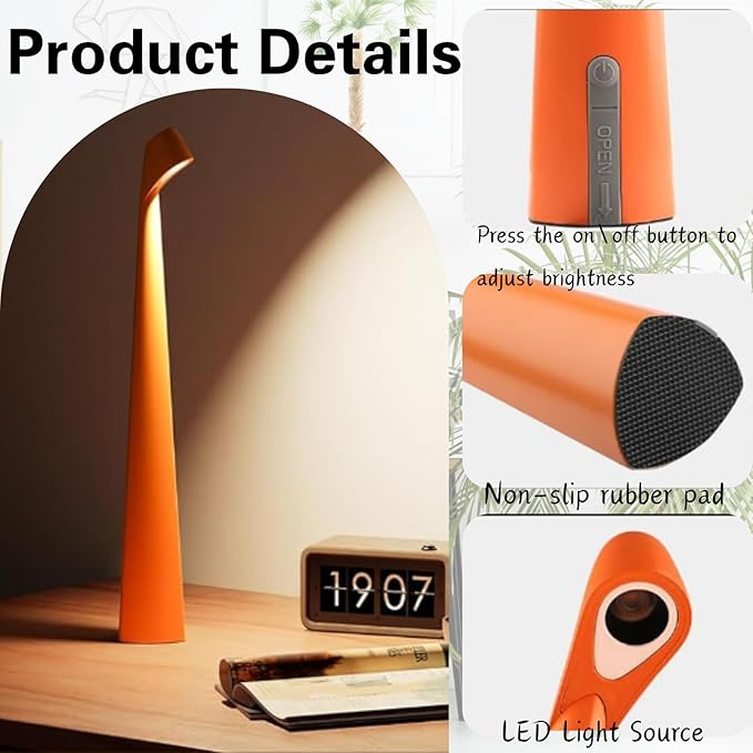Cordless Desk Lamp, Portable Table Light, Rechargeable Touch Lamp, LED Lamp Battery Operated with 3 Brightness Levels for Bedside Dorm Reading (Orange) - Bloomnest