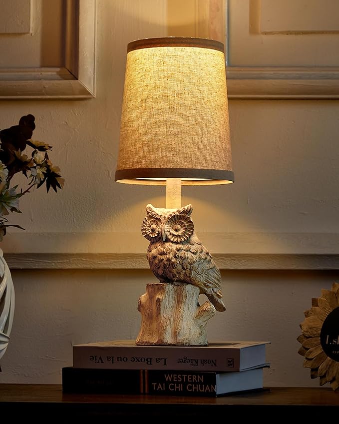 14.25" Small Table Lamps Set of 2 Owl Lamps for Home Decor Rustic Farmhouse Vintage Bedside Table Resin Retro Nightstand, White - Bloomnest
