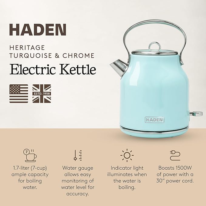 Haden Heritage 1.7 Liter Stainless Steel Electric Kettle, Hot Water Kettle with 360-Degree Base and Auto Shutoff, Turquoise & Chrome - Bloomnest