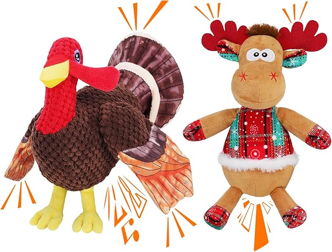 BWOGUE Thanksgiving Turkey Dog Toys Set, Stuffed Squeaky Turkey Dog Toy with Crinkle Paper, Christmas Plush Reindeer Squeaky Toy, Interactive Stuffed Chew Toys for Small Medium Large Dogs - Bloomnest