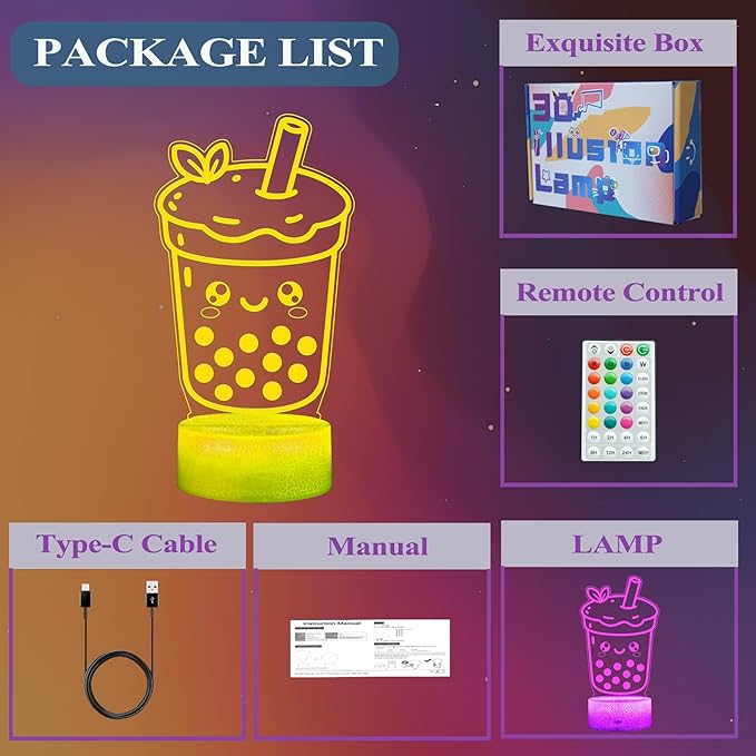 Boba Tea Night Light, Boba Lamp, 3D Illusion Lamp with Remote Control, 16 Color Changing, Timer, RGB Flashing Mode, Dimmable - Boba Gifts for Women & Girls - Bloomnest