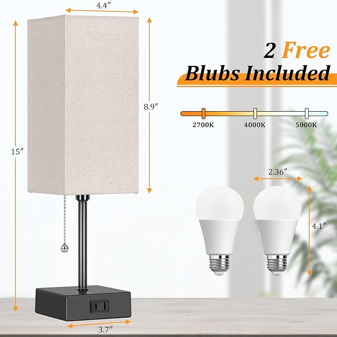 15'' Table Lamp for Bedroom set of 2,3-Color Bedside Lamps with Pull Chain Table Lamps for Night stands with AC Outlet,Small Night Light Lamps with 2 Bulbs Lamps for Living Room Kids Room Office Decor - Bloomnest