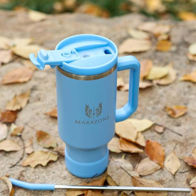 40 oz Insulated Tumbler with Handle and Straw – Stainless Steel Double Wall Vacuum Cup Fits Car Cup Holder, Hot Cold Travel Mug, BPA Free Reusable Water Bottle Gift for Women Men - Sky Blue - Bloomnest
