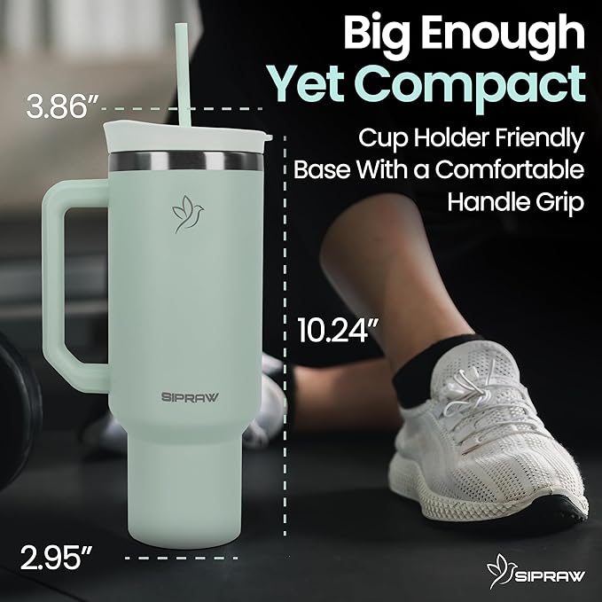 Tumbler with Handle, Insulated Tumbler with Lid and Straw, Stainless Steel Travel Coffee Mug, Cup Holder Friendly, Perfect for Camping, Travelling & Gifting, 40oz, Pastel green - Bloomnest