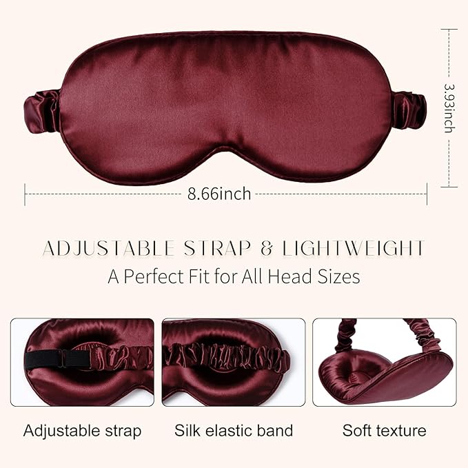 100% 22 Momme Mulberry Silk Sleep Mask, Eye Cover for Sleeping, Blackout 3D Sleep Masks for Lash Extensions with Adjustable Strap for Men and Women (Burgundy) - Bloomnest