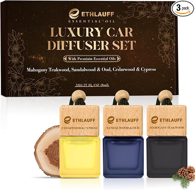 Car Air Freshener Hanging, 3 Pcs Teakwood Mahogany, Sandalwood & Oud, Cedarwood & Cypress, Wooden Scent Air Fresheners Diffuser for Car, 45+ days Long Lasting Fragrance, 0.27 FL OZ/8ML - Bloomnest