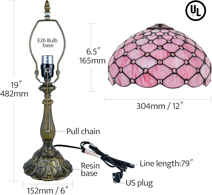Tiffany Lamp Vintage Pink Stained Glass Bead Table Lamp Desk Bedside Reading Light Decor Bedroom Living Room Home Office D12*H18 Inches - Bloomnest