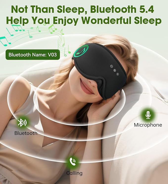 Bamboo Cotton Sleep Mask with Bluetooth Wireless Headphones - Blackout Eye Mask for Sleeping 3D Contoured Sleep Headband Ear Muffs Lengthen & Low Noise Hook for Better Experience (Black) - Bloomnest