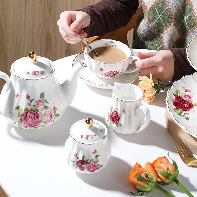Porcelain Tea Sets British Royal Series, 8 OZ Cups & Saucer Service for 6, with Teapot Sugar Bowl Cream Pitcher Teaspoons and Tea Strainer, Suitable for High Tea, Wedding, Party (Midsummer Rose) - Bloomnest