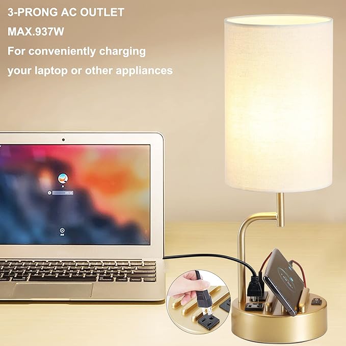 Dreamholder Table Lamp with 3 USB Charging Ports, Modern Desk Lamp with AC Outlet and Phone Stands, Perfect Bedside Lamp for Bedroom, Living Room, Office (Pack of 2), Gold - Bloomnest