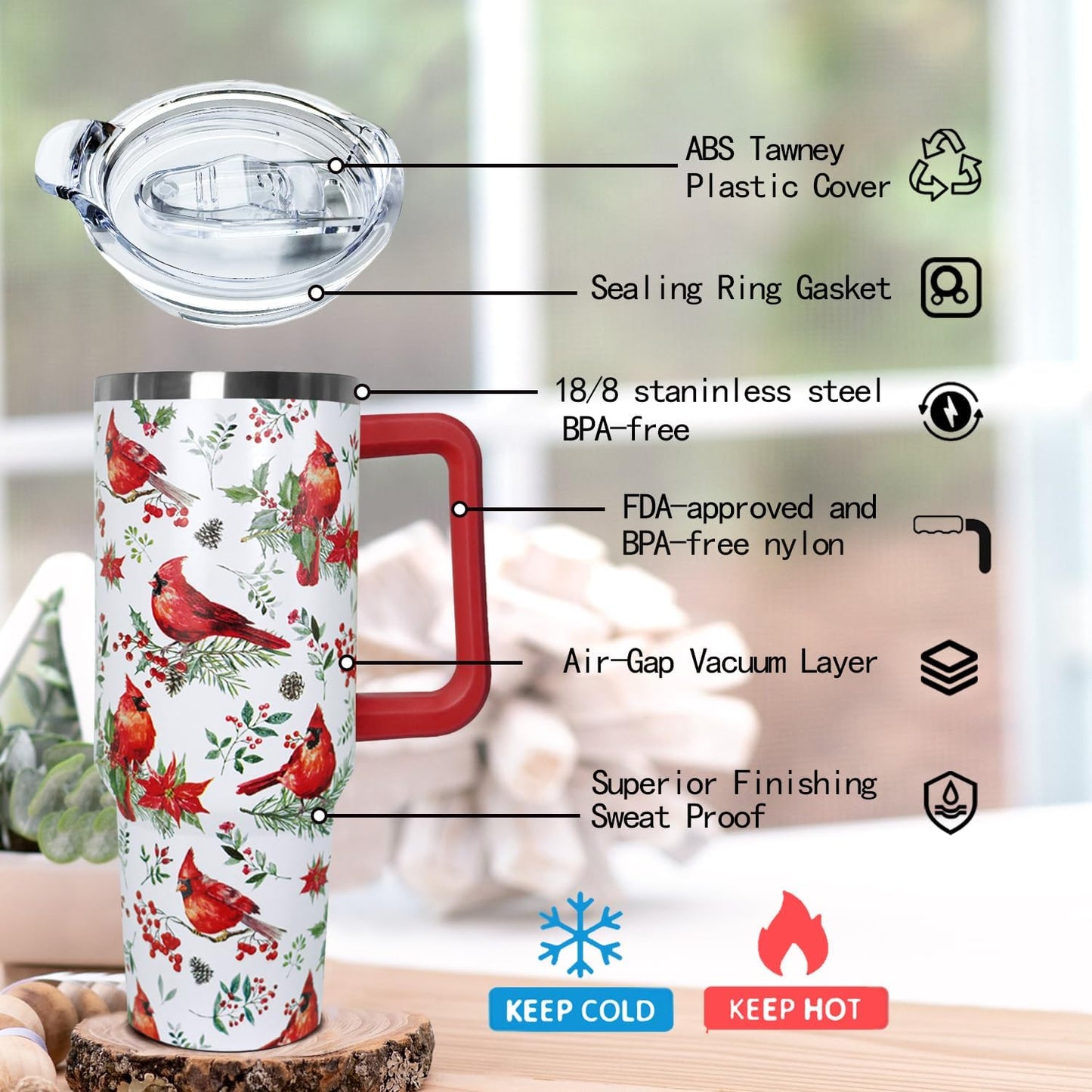 Ceovfoi 40 Oz Red Cardinal Tumbler With Handle,Christmas Coffee Travel Mug Cup, Red Cardinal Decor, Christmas Gifts for Women