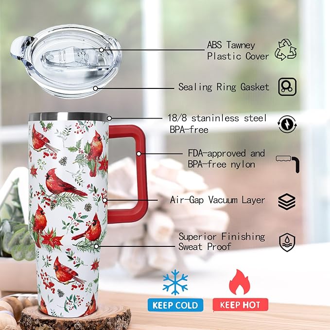 Ceovfoi 40 Oz Red Cardinal Tumbler With Handle,Christmas Coffee Travel Mug Cup, Red Cardinal Decor, Christmas Gifts for Women - Bloomnest