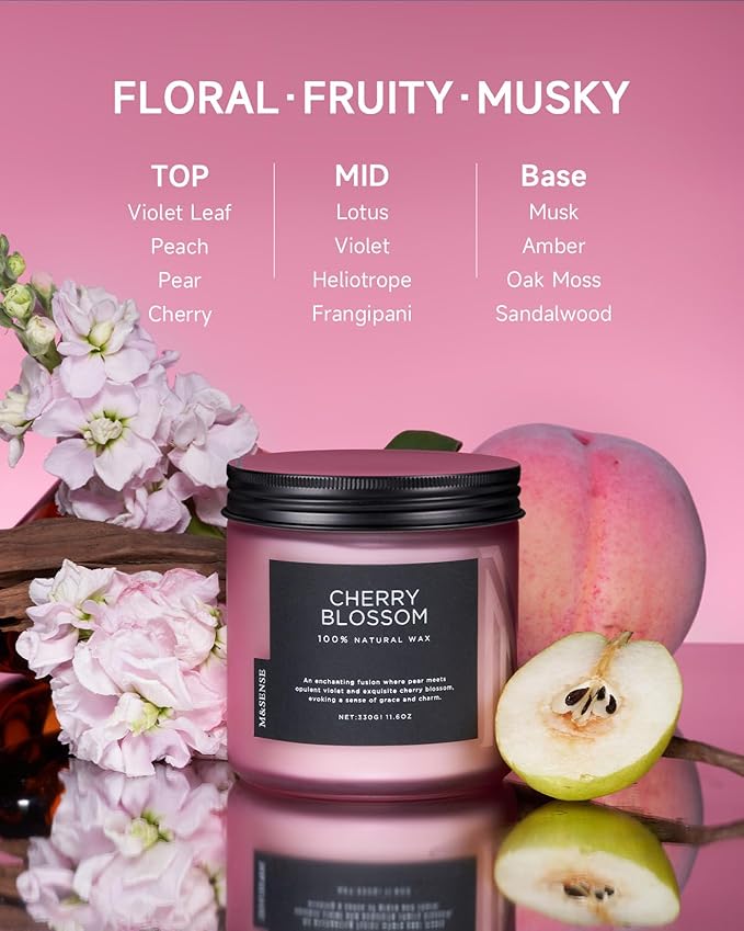 M&SENSE Cherry Blossom Scented Spring Candle, 70 Hours Long Lasting Soy Wax 11.6oz Stress Relief Aromatherapy Candles, Romantic Gifts for Women, Glass Jar for Bedroom Decor - Bloomnest