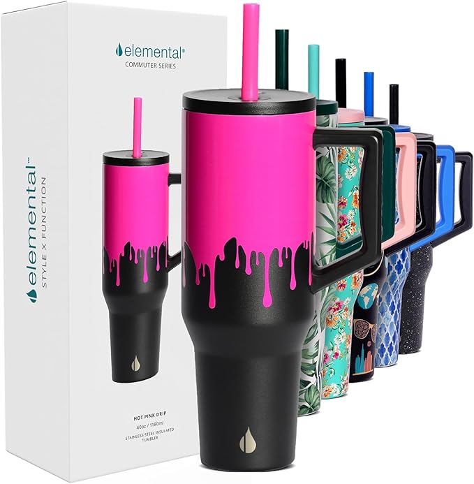 Elemental 40 oz Tumbler with Handle and Straw - Spill Proof Insulated Stainless Steel Commuter for Hot and Cold Beverages - Travel Coffee Mug with 2 Straws & Spill Proof Lid - 40oz - Hot Pink Drip - Bloomnest