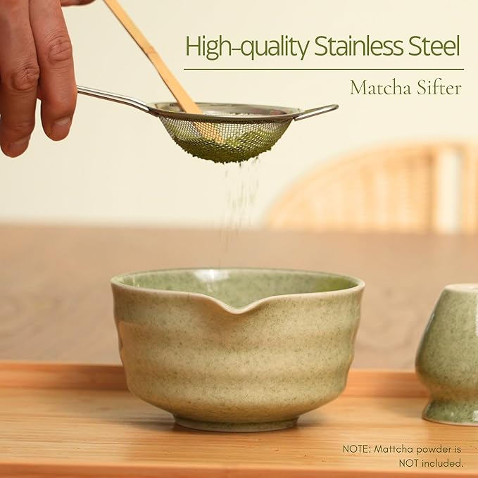 Matcha Whisk Set, Matcha Set, Handcrafted Bamboo Chasen & Ceramic Bowl Matcha Kit, 5 Pcs Matcha Set Whisk and Bowl with Stainless Steel Sifter, Tea Ceremony, Jade - Bloomnest