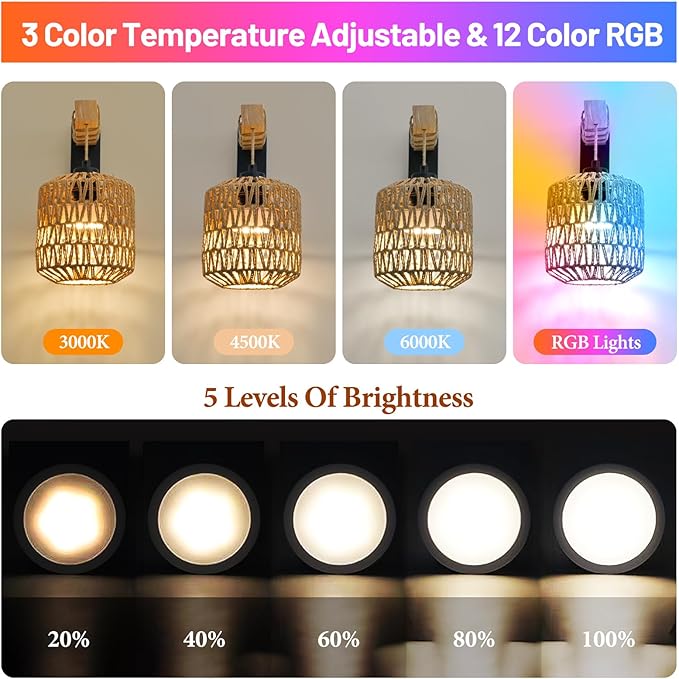 Battery Operated Wall Sconce Set of Two, Rechargeable Rattan Wall Sconces with Remote RGB 15 Colors Dimmable, Farmhouse Boho Wall Lights for Bedroom Living Room Entryway - Bloomnest