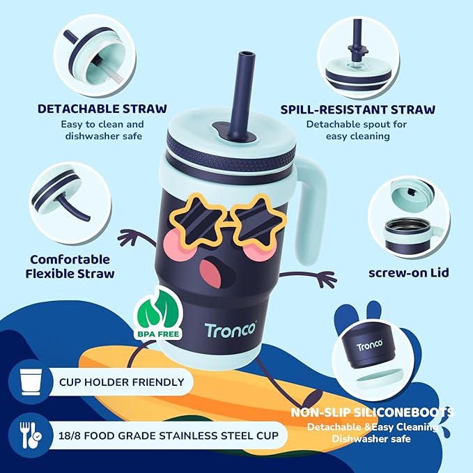 Tronco 14 oz Kids Insulated Tumbler with Handle & Spill Resistant Flexible Straw, BPA-Free Stainless Steel Toddler Cups with Lids, Splash-Proof Kid Drinking Cup Travel Mugs, Easy to Clean - Bloomnest