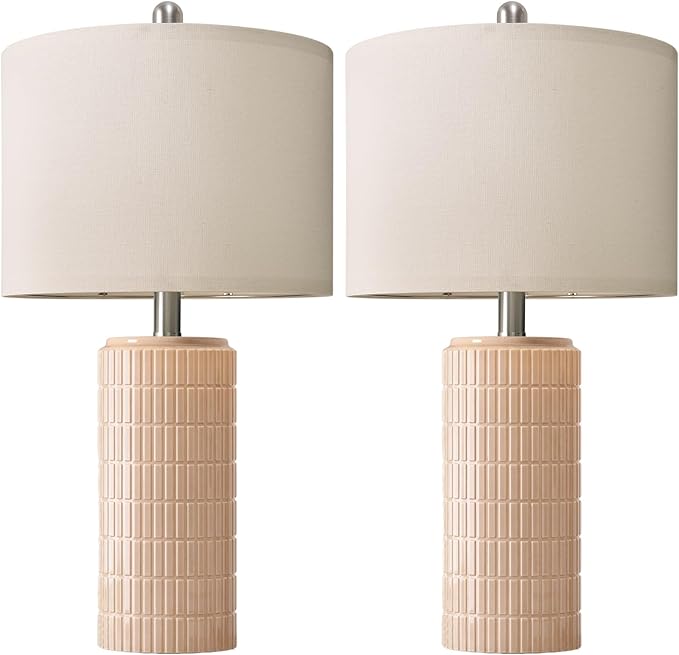 PoKat 23" Pink Ceramic Table Lamps Set of 2, Modern Bedroom Lamps for Girls Room, Bedside Lamps for Night Stands, Cute Lamps for Living Room Decor, Nightstands Desk Lamp, Pink - Bloomnest