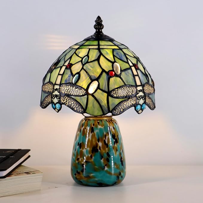 Tiffany Mushroom Table Lamp Dragonfly Style Sea Blue Stained Glass Accent Lamp Brown Blue Glass Base 8X8X12 Inch - Bloomnest