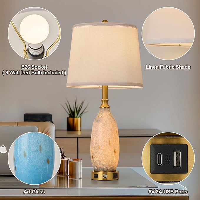 AIDENOEY 26" Modern Art Glass Table & Bedside Lamp, Stepless Dimmable Base + Dimmable 3-Color Light, USB A/C Charging Ports, Touch Control & Switch for Bedroom, Living Room, Office, Study - Bloomnest