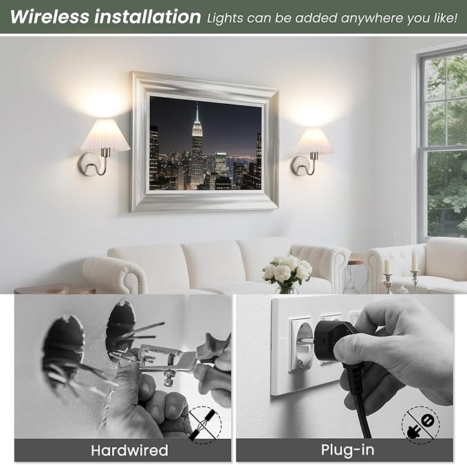 Wireless Wall Sconce Sets of 2, Pleated Shades Rechargeable Battery Operated Wall Sconce, Retro gooseneck Brushed Nickel Bathroom Vanity Lights, Wall Mounted Lamps for Bedroom Living Room Hallway - Bloomnest