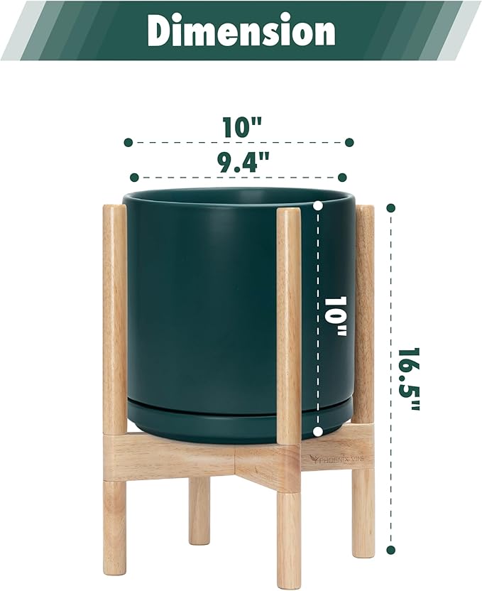 D'vine Dev Ceramic Planter with Natural Stand - 10 Inch Modern Round Flower Pot with Wood Planter Holder, Teal, 55-B-K-4 - Bloomnest