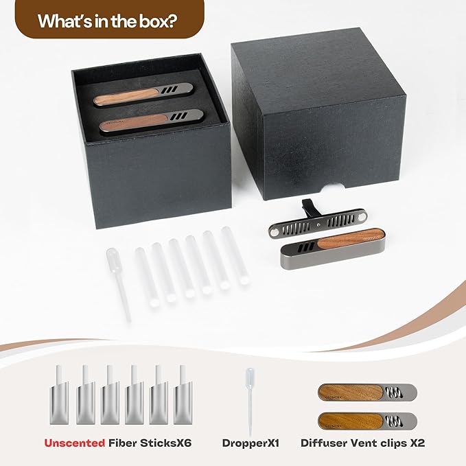 2 Packs Car Air Freshener Diffuser, Essential Oil Diffusers Vent Clip, Perfume Diffuser with 6 Refill Unscent Fiber Sticks, Premium Car Accessories, Metal & Wood design, Custom Scent, Gift For Men - Bloomnest