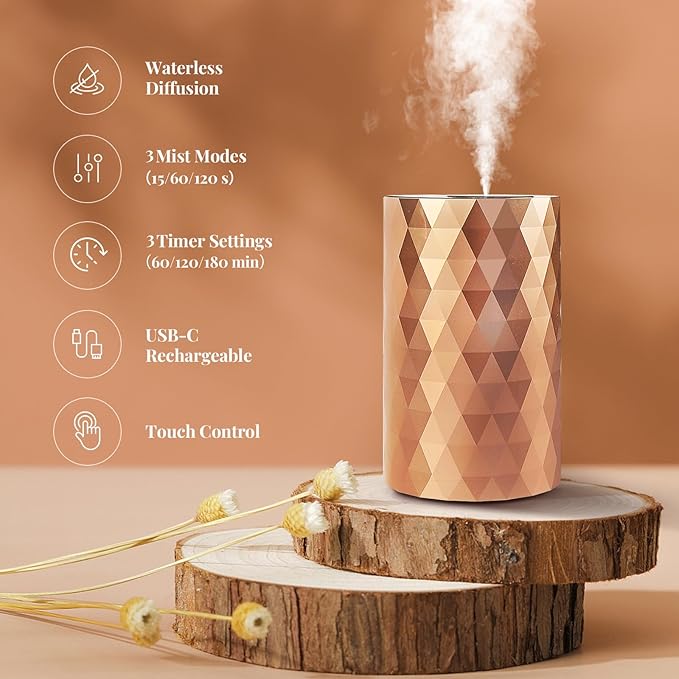 Waterless Diffuser for Essential Oil,Aromatherapy Air Scent Diffuser with 3 Mist Modes and 3 Countdown Timers,Mini Portable Scent Machine for Home,Room,Car,Office,Rose Gold - Bloomnest