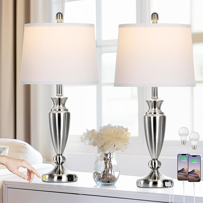 Metal Table Lamps Set of 2, 3 Way Touch Control Silver Bedside Lamps with USB A+C Ports, Modern Brushed Nickel Nightstand Lamps for Bedroom Living Room - Bloomnest