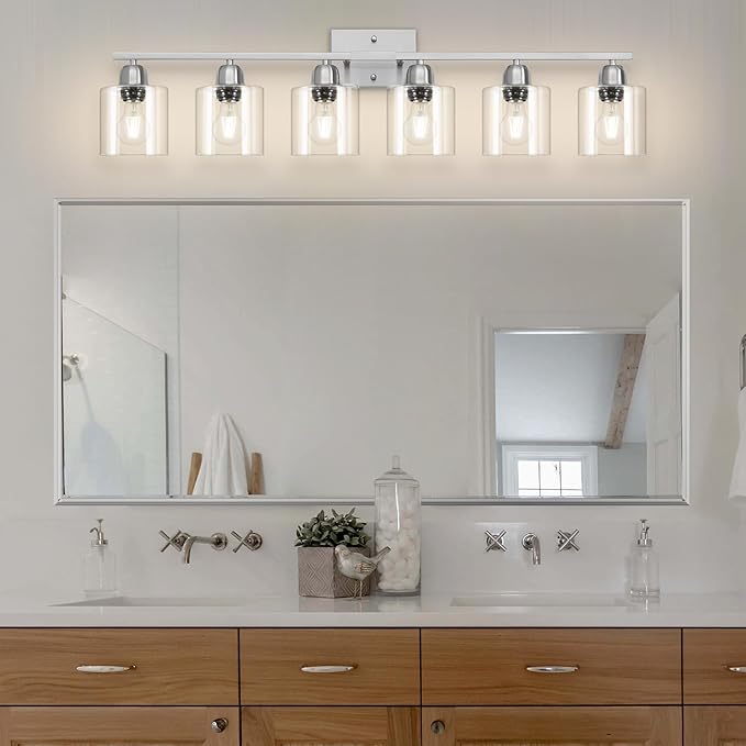 Modern Brushed Nickel 6 Light 38 inch Vanity Lights for Bathroom with Clear Glass, Vanity Light for Mirror Kitchen Living Room Hallway Cabinet Porch - Bloomnest
