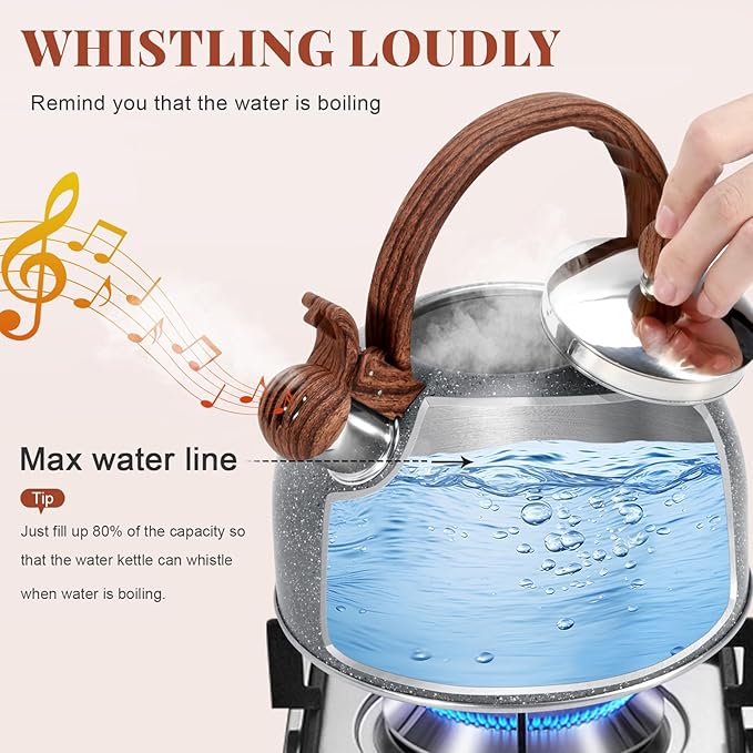 GGC 2.7QT/3L Whistling Tea Kettles for Stove Top, Stainless Steel Tea Kettle with for Boiling Water Milik or Coffee, Starry Gray Tea Pots with Wooden Anti Heat Handle - Bloomnest