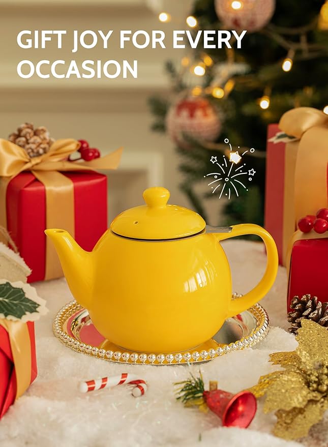 Sweese Teapot, Porcelain Tea Pot with Stainless Steel Infuser, Blooming & Loose Leaf Teapot - 27 ounce, Yellow - Bloomnest