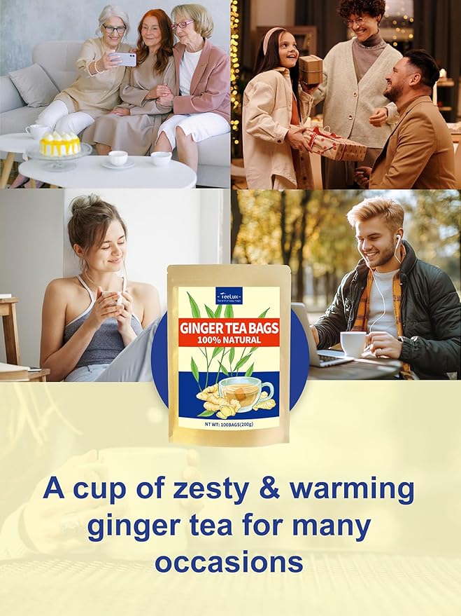 TeeLux Ginger Tea Bags, Natural Ginger Root Tea, Spicy & Zesty & Warm Flavor, Caffeine Free, 100 Count - Bloomnest