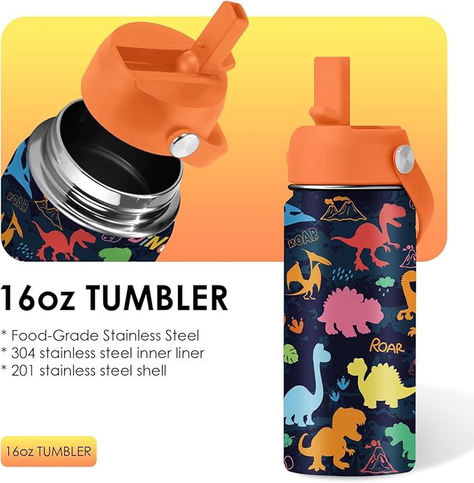 Dinosaur Gifts for Kids - 16oz Colorful Dino Water Bottle with Straw Lid, Stainless Steel Insulated Tumbler, Leakproof, BPA-Free, for Boys & Girls, School, Travel - Dino Lovers Birthday Gift Cup (1pc) - Bloomnest