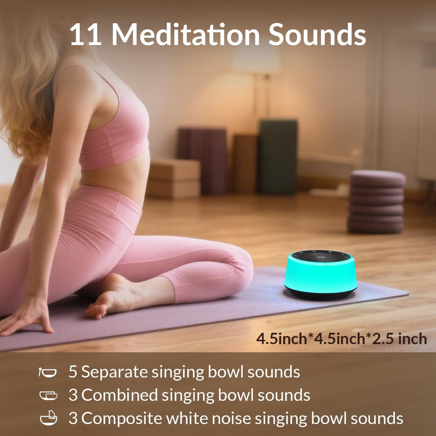 Kipcush Tibetan Singing Bowls Sound Machine - 11 Different Sized Sound Bowls with Night Light for Yoga, Meditation, Mindfulness, Healing, Chakra Healing and Stress Relief, Timer, Plug in (Black)