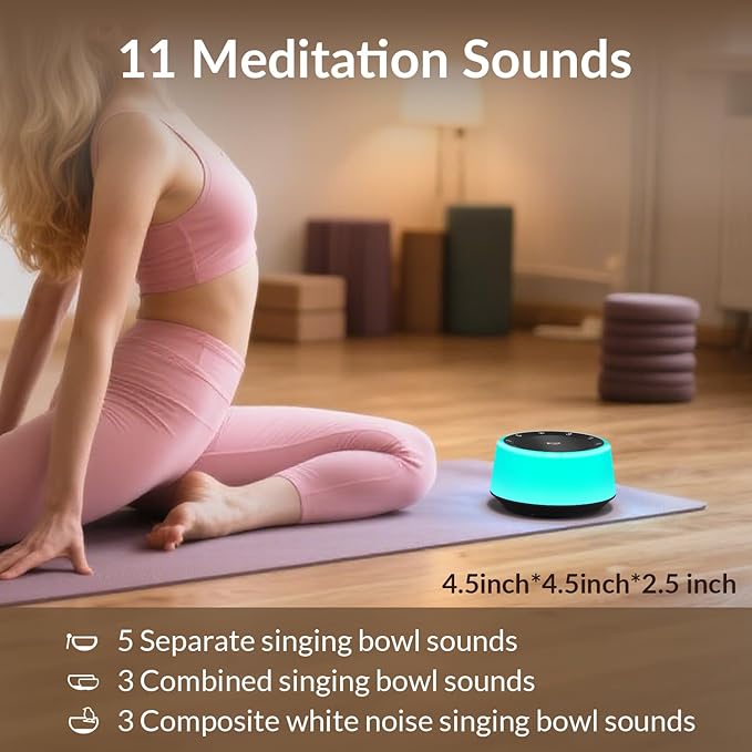 Kipcush Tibetan Singing Bowls Sound Machine - 11 Different Sized Sound Bowls with Night Light for Yoga, Meditation, Mindfulness, Healing, Chakra Healing and Stress Relief, Timer, Plug in (Black) - Bloomnest