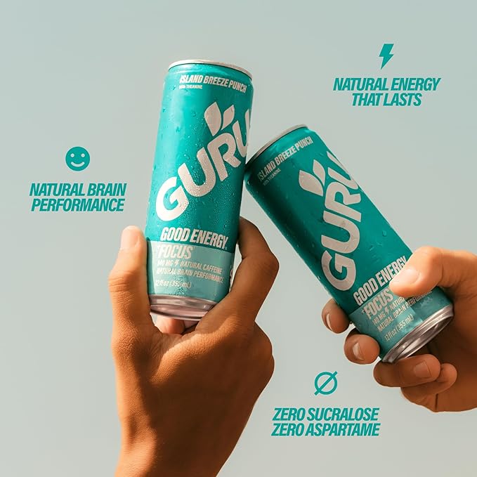 GURU Island Breeze Punch Organic Energy Drinks, Clean Energy Drink with Plant Based Natural Caffeine from Green Tea + Focus with L Theanine, Gluten Free and Vegan, 140MG Caffeine, 12oz (Pack of 24) - Bloomnest