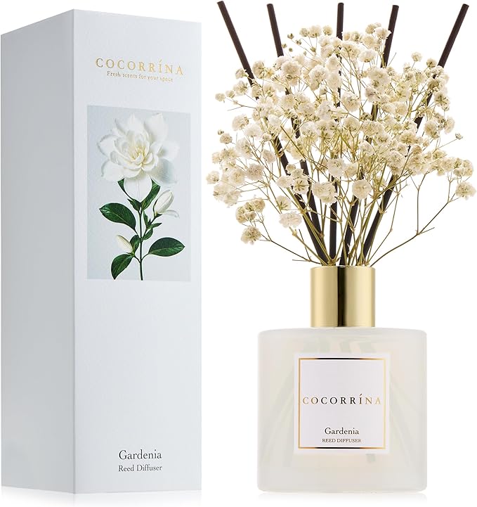 COCORRÍNA Reed Diffuser - Gardenia 6.7 Fl.oz Reed Diffuser Set with Sticks & Preserved Baby's Breath, Reed Diffuser for Home Bathroom Shelf Decor - Bloomnest